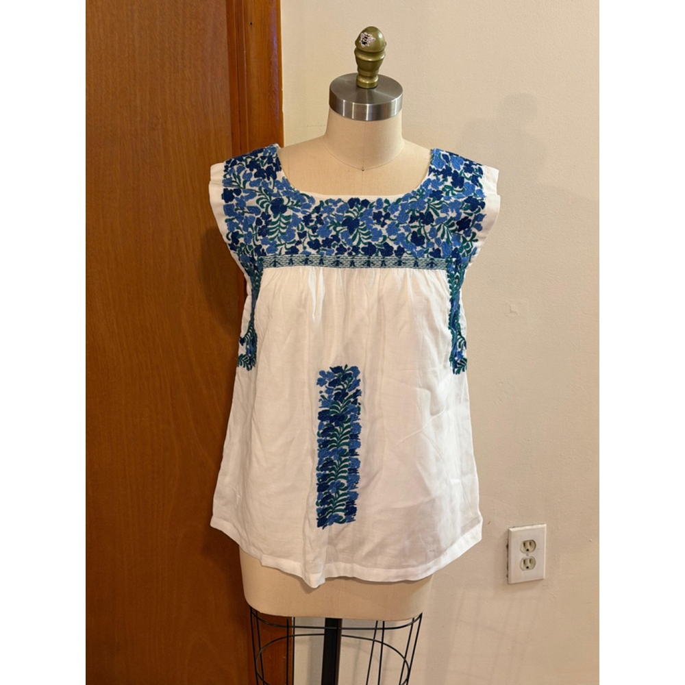 Women's j.marie White & Blue Embroidered Blouse XS